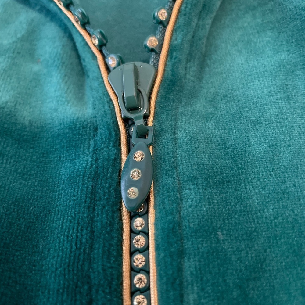 Green Velour like Zip-Up Jacket with Rhinestone Trim - Picture 3 of 5